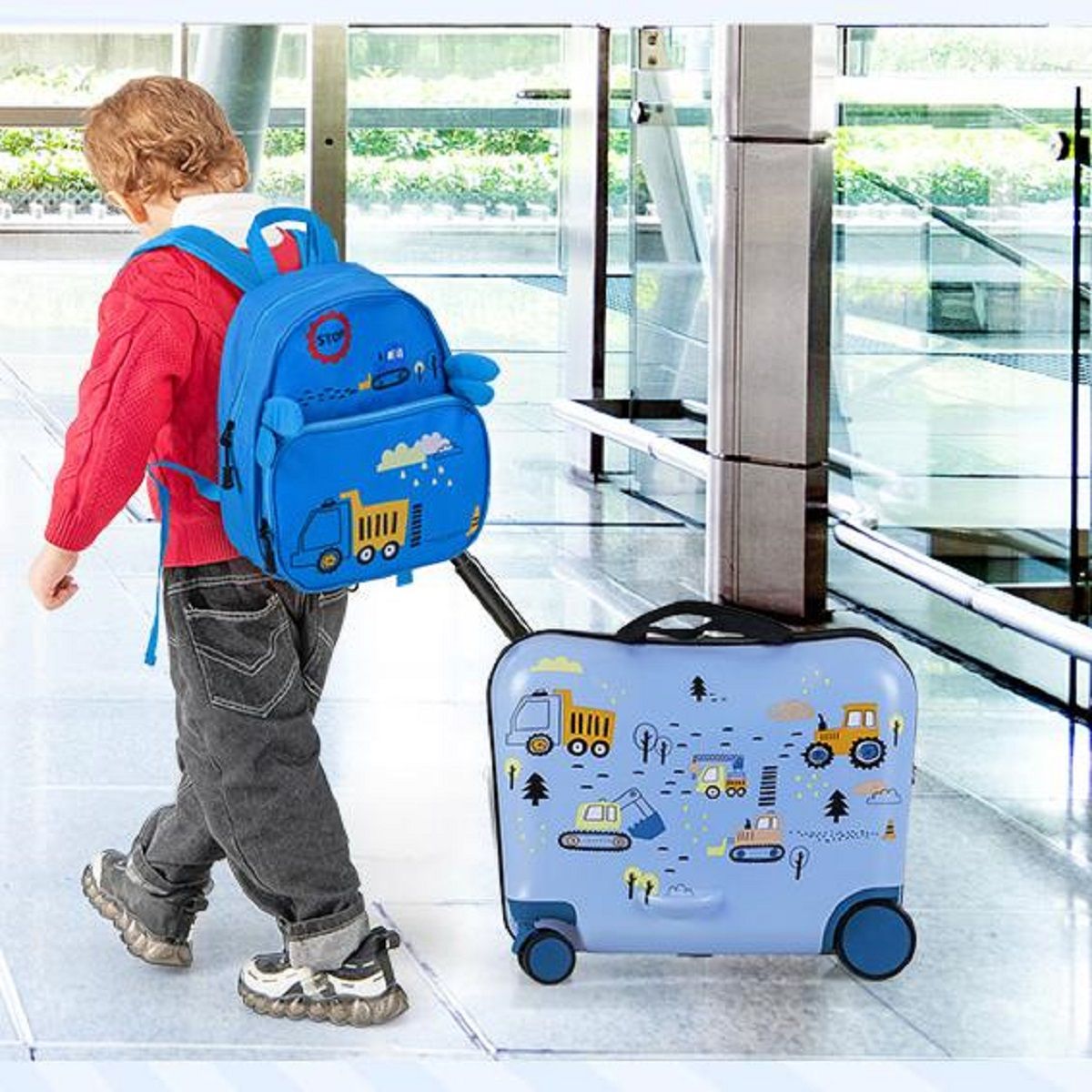 Coast Kinderkofferset - Zitkoffer en Rugzak - Multifunctioneel - Graafmachine Motief