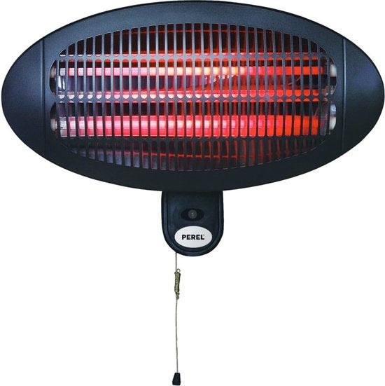 Perel Terrasverwarmer, 2000 W, quartz, wandmontage, met trekschakelaar, plensdicht, 3 warmteniveaus, metaal, zwart, incl. bevestigingsmateriaal