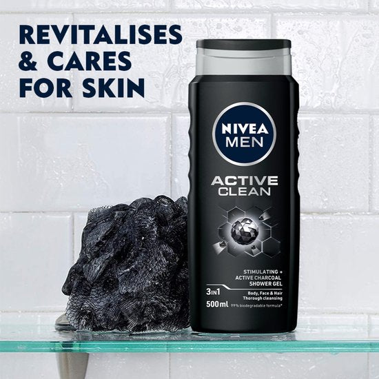 NIVEA MEN Active Clean Douchegel - 3-in-1 Shower Gel Met natuurlijk actief houtskool - Shampoo - Voordeelverpakking - 6 x 500 ml
