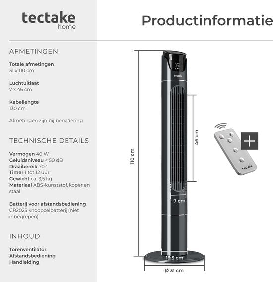 tectake® Grote Ventilator met Afstandsbediening - 110 cm - Oscillerende Ventilator met 3 Snelheden - Torenventilator - Stille Staande Ventilator met Verschillende Windmodi + Timer - Luchtkoeler - Zwart