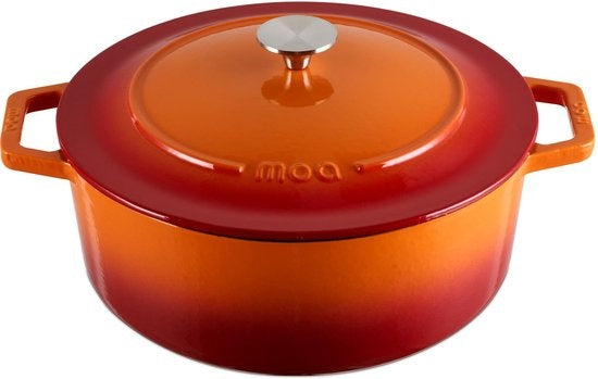 MOA Gietijzeren Braadpan - Inhoud 7,2 liter - 30CM - Rond - Alle warmtebronnen - Ook voor inductie - Gewicht 7,3 kg - Oranje Rood - C30OR
