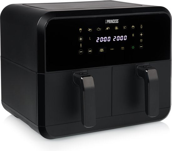 Princess Double Basket Airfryer 182068 - Dubbele Airfryer - 8 liter - 2 manden - XXL - 8 programma’s - 2400W - Dubbele heteluchtfriteuse - Touchscreen - Zwart - 80 °C tot 220°C - Sync functie