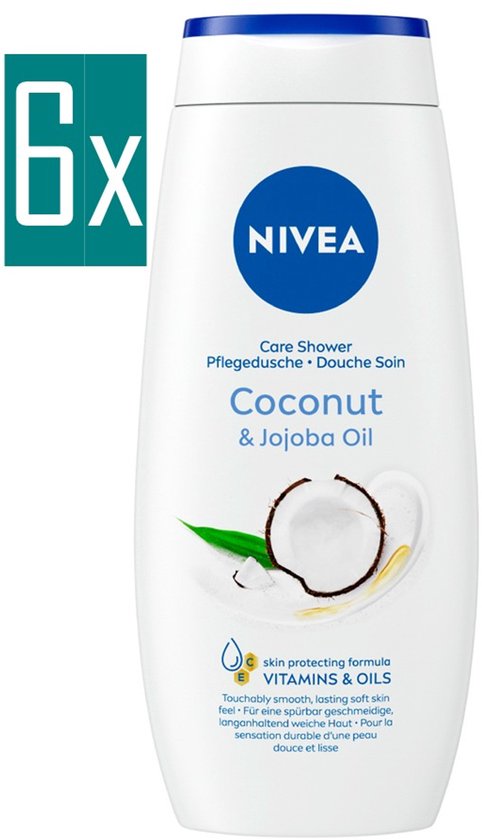 Persoonlijke verzorging Lichaamsverzorging Bad- & Douchemiddelen Douchecremes NIVEA Coconut & Jojoba Oil Douchecrème - Body Wash met Kokosgeur - Met Vitamine C & E - Voordeelverpakking - 6 x 500 ml