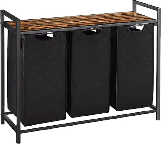 BRASQ Wasmand 3 vakken - Wassorteerder 114 Liter - Uitschuifbaar met Plank 92,5x33x71 cm - Wasbox Zwart Metaal - Bruin hout - Basket