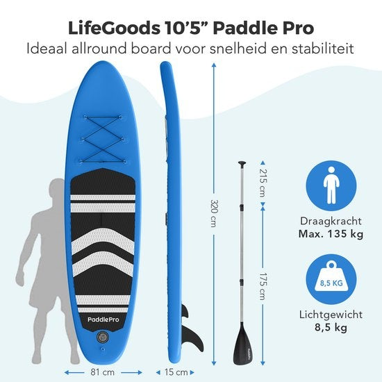LifeGoods SUP Board - Opblaasbaar Paddle Board - Complete Set - Max. 135KG - 320x81cm - Blauw