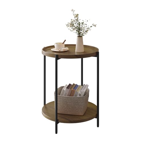 Woltu Ronde Salontafel met 2 Planken en Afneembaar Dienblad Vintage Houtlook