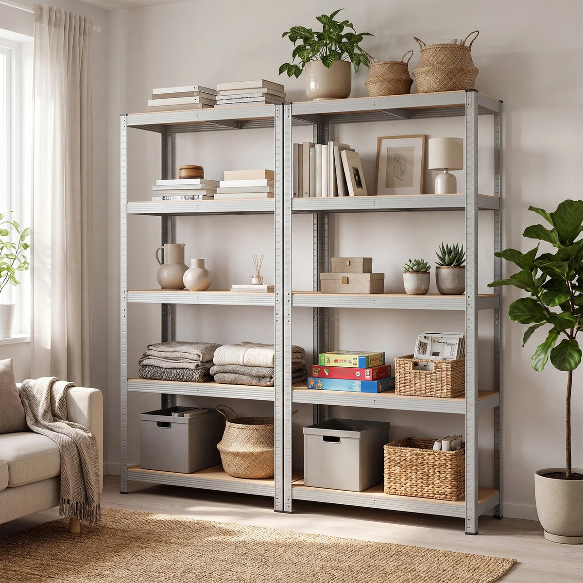 Ochama Stellingkast Set van 2 - 5 Niveaus - 90 x 40 x 180 cm - 175 kg per Plank - Staal en MDF - Zilver
