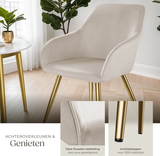 tectake® Eetkamerstoel Marilyn - Met Armleuningen - Elegante Stoel met Gevoerde Zitting in Fluweellook - Gestoffeerd - Gouden Metalen Poten - Ergonomische Keukenstoel - Stoel voor Woonkamer, Eetkamer en Slaapkamer - Taupe