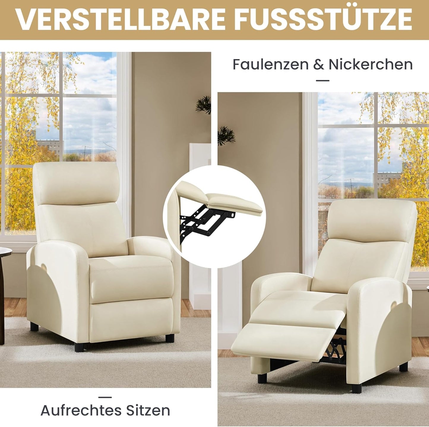 Yaheetech Relaxstoel XL - Verstelbare Ligstoel met Voetensteun - Kunstleer Beige - 87 x 61,5 x 99 cm