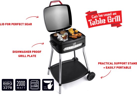 FRITEL barbecue BBQ 3278 - Elektrische bbq / Tafelgrill - Groot Grillopp. 40x36cm - 2000W - Afneembare plaat + Onderstel