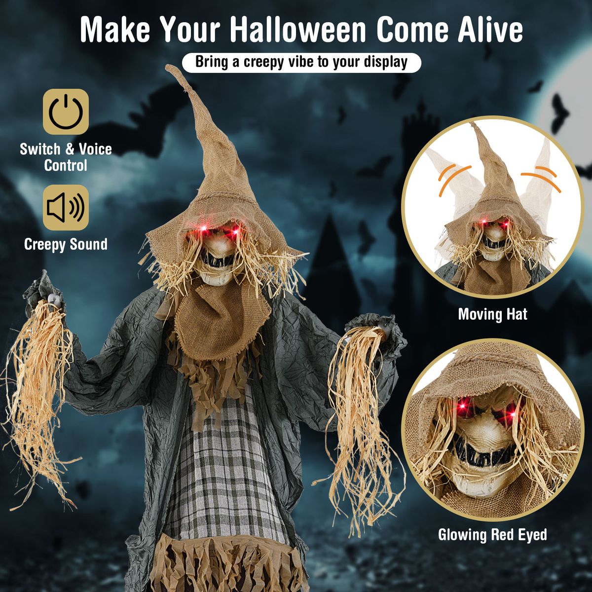 Coast Halloween vogelverschrikker - geanimeerd - geluidsgeactiveerd - lichtgevende ogen - 213 cm