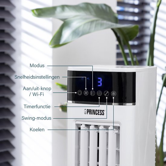 Princess Slimme Aircooler met App & Afstandsbediening – Luchtkoeler Zonder Slang – 3,5L Waterreservoir – Oscillerende Ventilator met Verkoeling – Mobiele Air Cooler voor Slaapkamer, Woonkamer, Kantoor – Wit – Energiezuinig – Timer - 358640