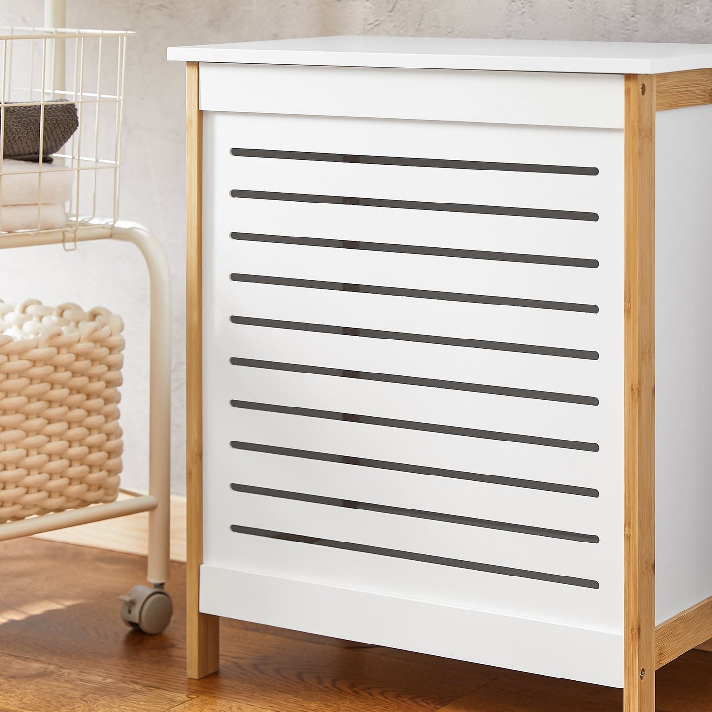 SoBuy Wasmand - met deksel - 69 x 13 x 54 cm - Wit