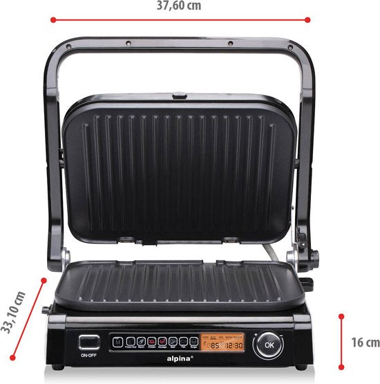 alpina Contactgrill 2100W - Tosti Apparaat met 7 Grill Standen - Tafelgrill met Uitneembare Platen - Panini Grill 37,6 x 33,1 cm - Anti-Aanbaklaag - RVS/Aluminium