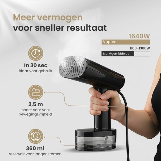 Vapore Kledingstomer - Handstomer 1640W - met Inklapbare Hanger & Opbergtas - Stoomapparaat 360ML - Steamer voor Kleding en Meubilair - 2.5m Snoer - Travel Kit