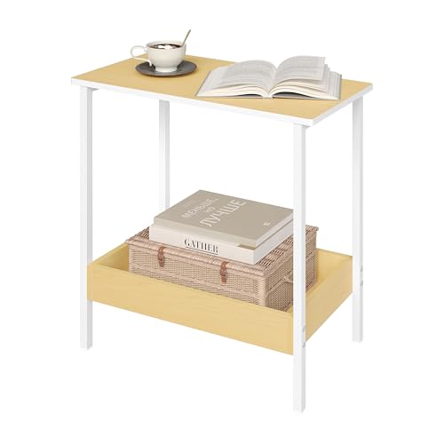 Woltu Bijzettafel BTS03nh - Salontafel met 2 Planken - Zwart Metaal en Houtlook - 50 x 55 x 25 cm