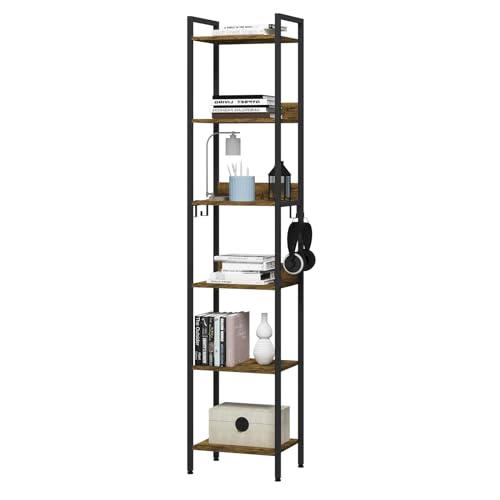 Woltu Industriële Boekenkast 6 Planken met 4 Verwijderbare Haken - Zwart Metaal en Donker Eiken - 40 x 30 x 187 cm