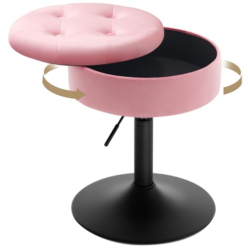 Woltu Make-up Kruk met Opbergruimte - Verstelbare Barstoel 50-66,5 cm - Ronde Zitting - Fluweel Roze