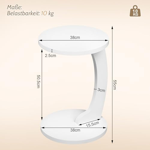 Woltu Bijzettafel C-vormig - Ronde Salontafel - Scandinavisch Design - MDF Wit - 38 x 55 cm