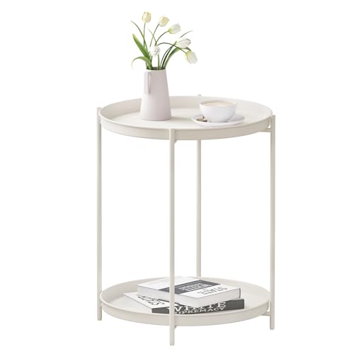 Woltu Ronde Bijzettafel met 2 Verwijderbare Planken - Metaal, Crème - Ø44 cm, Hoogte 57 cm