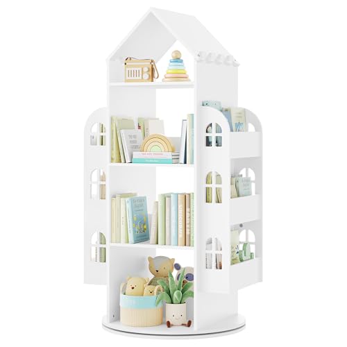 Woltu Kinderboekenkast Wit 4-laags met 2 Zijopbergvakken Huisvorm 63 x 59 x 125 cm