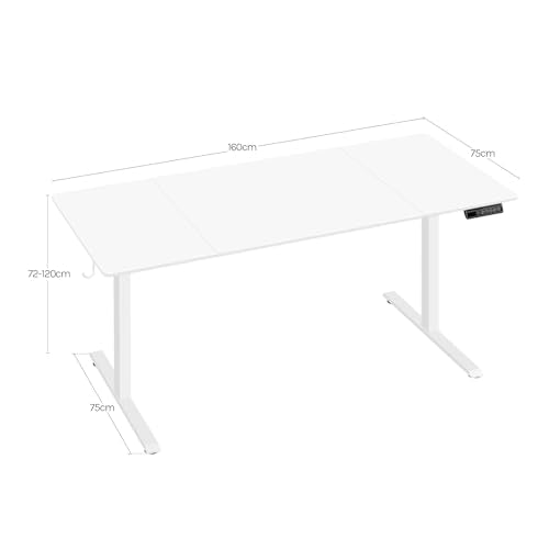 Woltu Verstelbaar Bureau Elektrisch - Wit - 160 x 70 cm - 72 tot 120 cm Hoogte - Met USB Oplader en Geheugenstanden