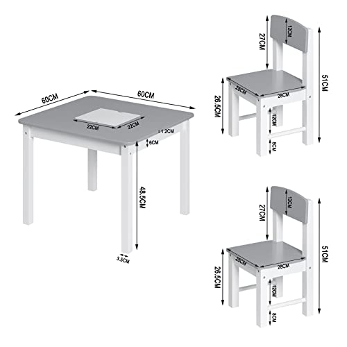 Woltu Kinder Tafel en Stoelen Set met Omkeerbaar Speelblad - Wit en Grijs