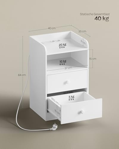Woltu Nachtkastje met LED-verlichting en Stopcontact Wit 40 x 35 x 64 cm