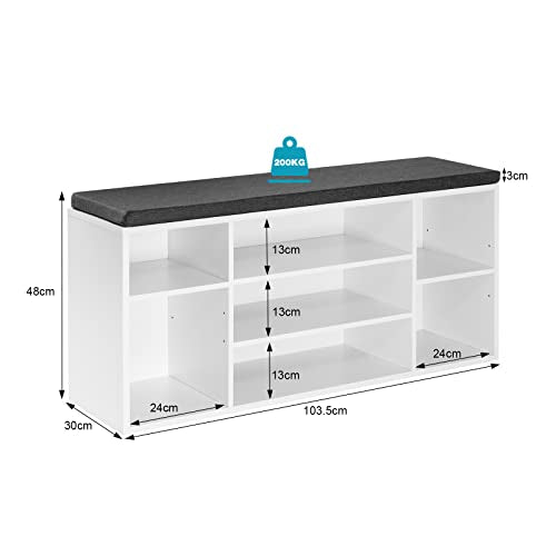 Woltu Schoenenbank met 7 Vakken - Houten Schoenenrek met Zitting en Kussen - Wit met Grijs - 103,5 x 48 x 30 cm