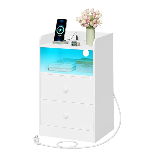 Woltu Nachtkastje met LED-verlichting en Stopcontact Wit 40 x 35 x 64 cm