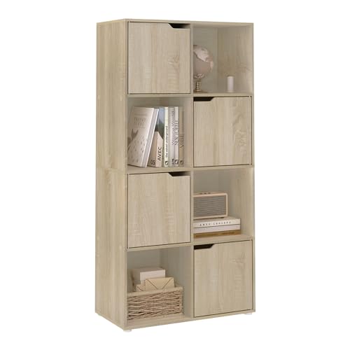 Woltu Boekenkast SK039hei - Opbergkast met 8 Vakken en 4 Deuren - Spaanplaat Licht Eiken - 60x30x120 cm