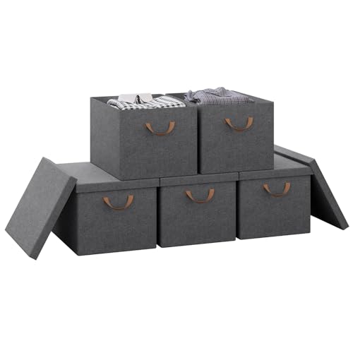 Woltu Opvouwbare Opbergbox met Deksel en Handvatten Grijs 48 x 30 x 36 cm - Set van 5