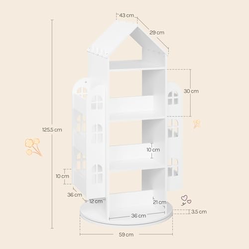 Woltu Kinderboekenkast Wit 4-laags met 2 Zijopbergvakken Huisvorm 63 x 59 x 125 cm