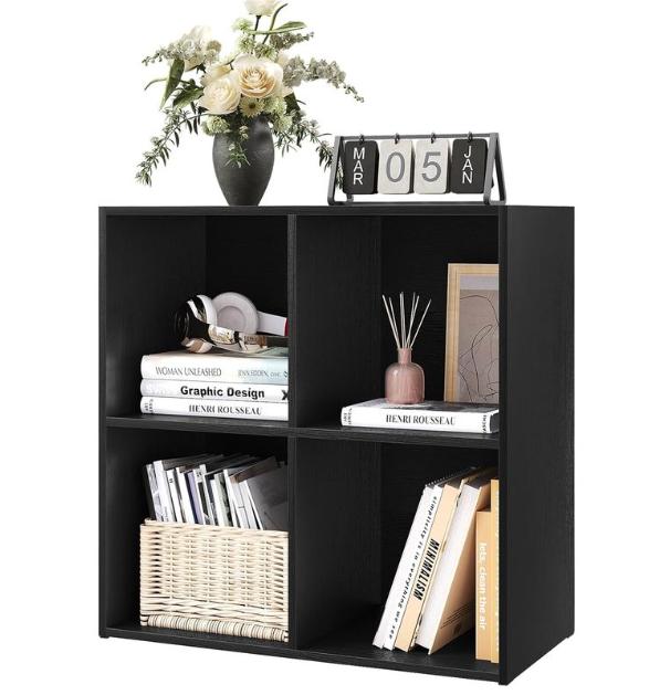 Woltu Boekenkast met 4 Vakken - Lage Opbergkast 59,6 x 29 x 59,8 cm - Multifunctionele Houten Kast - Scandinavisch Design - Zwart