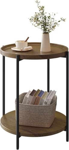 Woltu Ronde Salontafel met 2 Planken - Vintage Houtlook - MDF en Metaal - Ø 43,2 cm