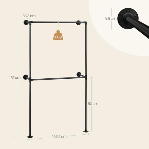 Woltu Open Wandkast Industrieel Zwart - Wandgemonteerde Kledingrek met 2 Stangen 102,5 x 187 x 36,5 cm