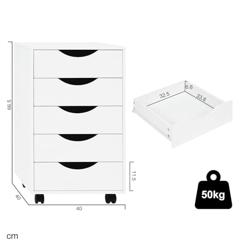 Woltu Kantoor Kast met 5 Lades - Mobiele Opbergkast - Wit - 40 x 40 x 66,5 cm