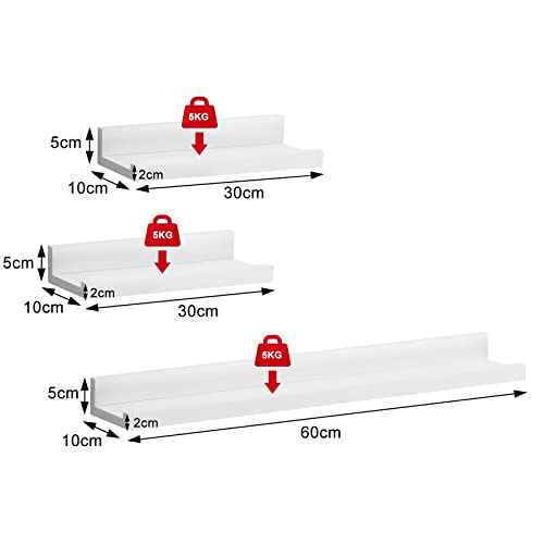 Woltu Set van 3 Zwevende Wandplanken - MDF Wit - 60 x 15 x 10 cm