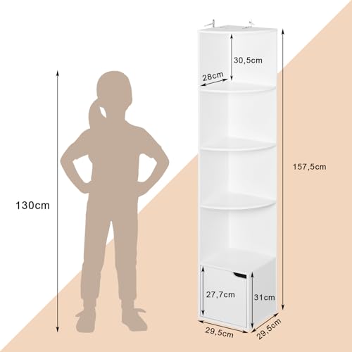 Woltu Hoekboekenkast met 5 Planken en Kastdeur - Wit Hout - 29,5 x 29,5 x 158 cm