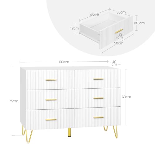 Woltu Ladekast met 6 Lades Wit met Gouden Metalen Poten 100 x 40 x 75 cm