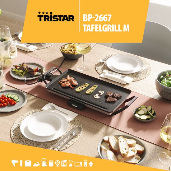 Tristar Grillplaat BP-2667 - Tafelgrill M: 46 x 26 cm - Voor binnen en buiten - BPA vrij - Gourmet bakplaat voor op tafel - 4 tot 6 personen - Met regelbare thermostaat - Anti-aanbaklaag - Zwart