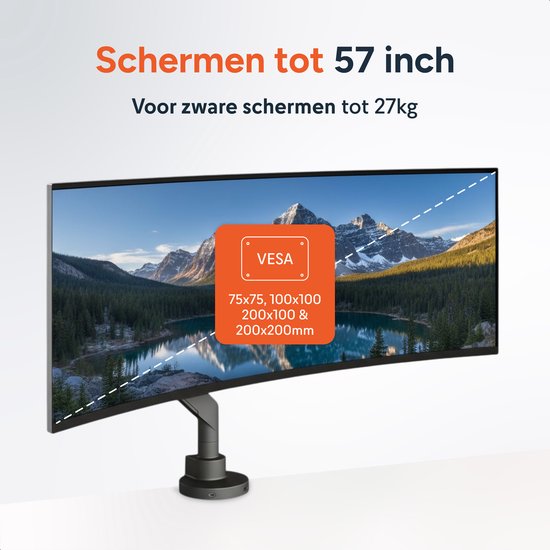 Skoov Monitorarm met gasveer - Voor 13 tot 57 Inch - 27KG draagkracht - Breedbeeldscherm - Beugel voor 1 scherm - Monitor - Stand - Zwart