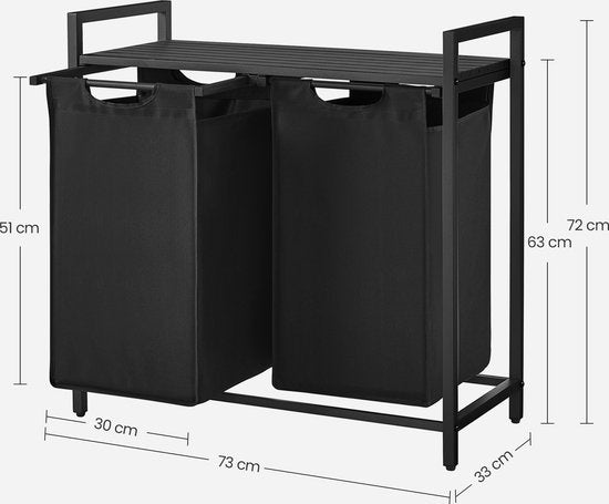 O'DADDY® Wasmand - 2 vakken – Uitschuifbare Wassorteerder Met Plank - 73 x 33 x 72 cm - Dark Grey