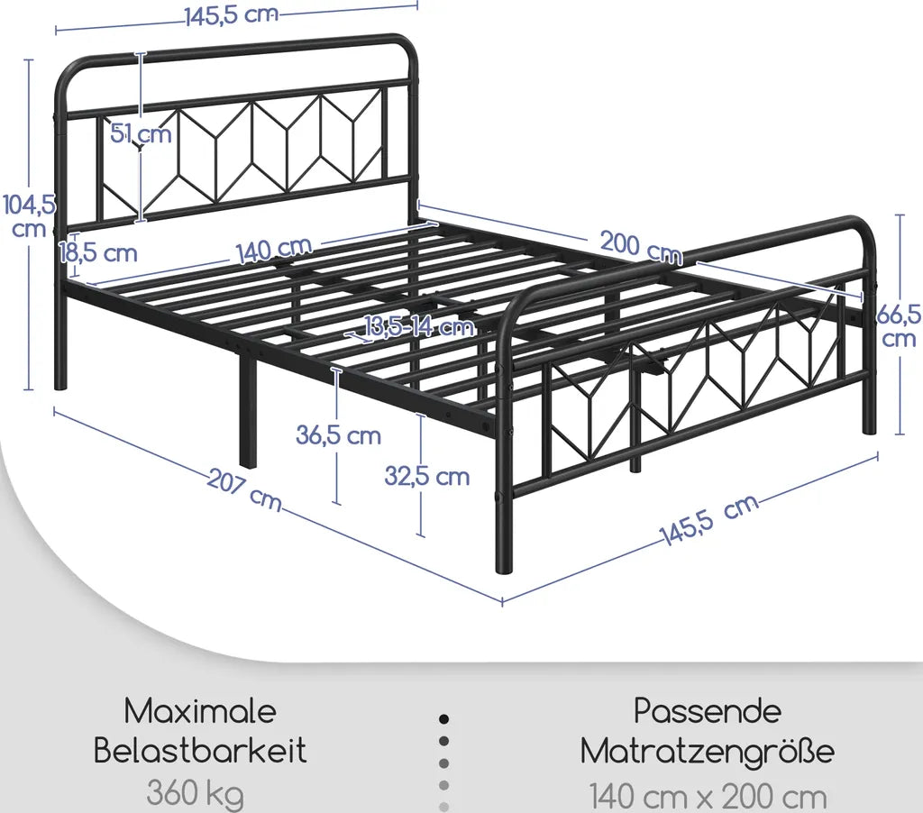 Yaheetech Metalen Bedframe Vintage met Opbergruimte, 140x200 cm, Zwart