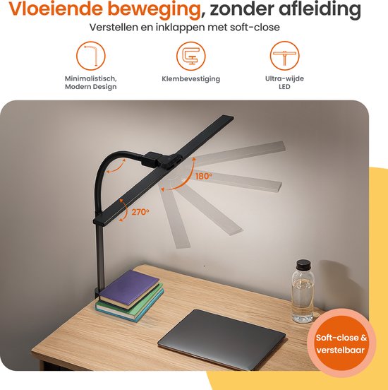 Goliving Bureaulamp met Klem XL - 78 CM - LED Dimbaar met Afstandsbediening - Klemlamp - Tafellamp - Leeslamp - Flexibel - Ledlamp - Touch Bediening - Softclose - Zwart