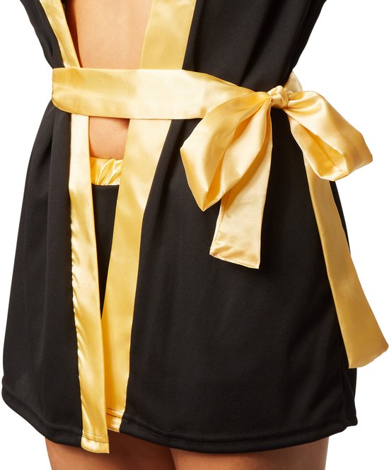 Dressforfun Vrouwenkostuum bokster zwart/goud S - verkleedkleding kostuum halloween verkleden feestkleding carnavalskleding carnaval feestkledij partykleding - 301819