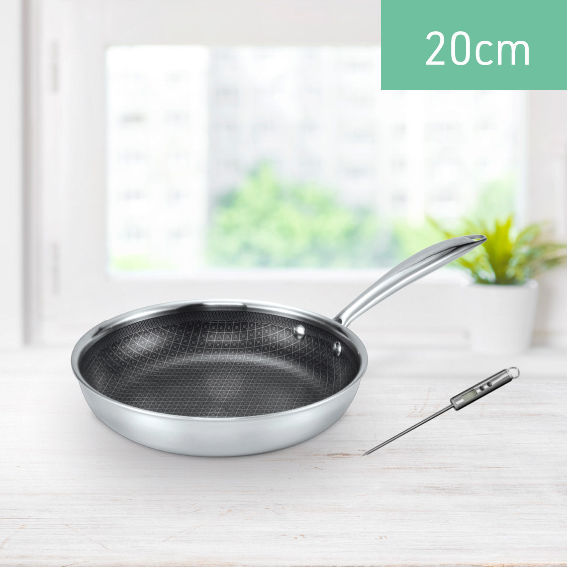 Livington Titan Pan Braadpan 20 cm - Edelstaal met Diamant Antiaanbaklaag - Inclusief Digitale Thermometer