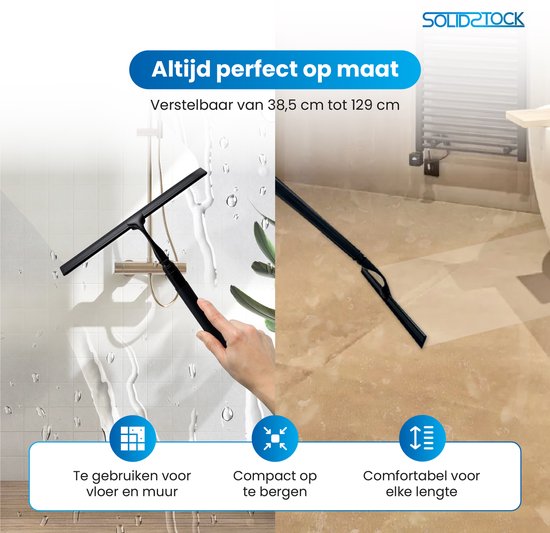 SolidStock Luxe Vloertrekker RVS - Vloerwisser met Steel - Verstelbaar in Lengte 38.5 tot 129 CM - Trekker Douche en Badkamer Vloer - Uitschuifbare Douchewisser - Zwart