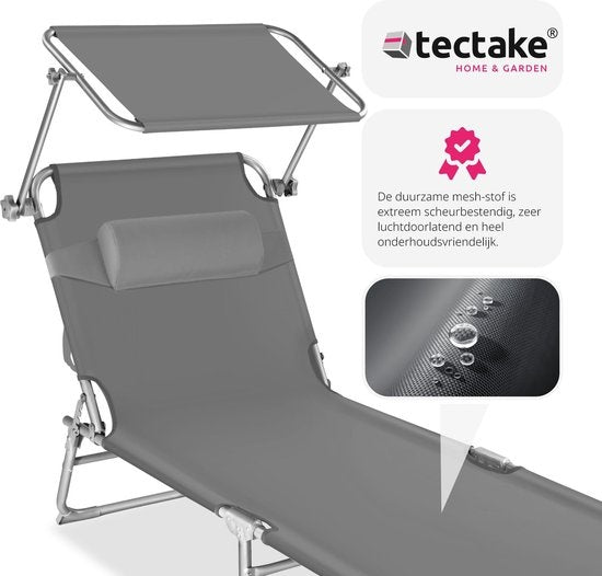 tectake® - ligstoel, robuust, verstelbaar, stalen onderstel met zonnescherm, 4-standen rugleuning inclusief hoofdkussen, strandstoel Ideaal voor tuin, zwembad, camping - grijs