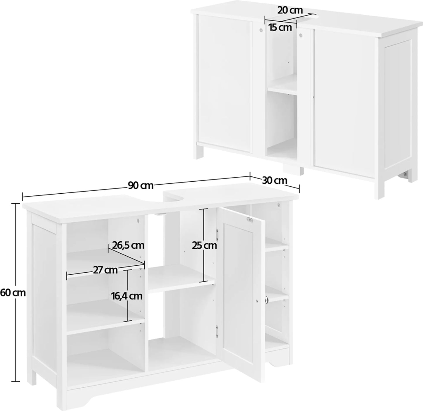 Yaheetech Wastafelmeubel Met Verstelbare Planken – Voorzien Van Sifon-Uitsparing En Open Zijvakken En Kastdeur – Voor Badkamer En Toilet – Wit Mdf – 90 x 30 x 60 cm
